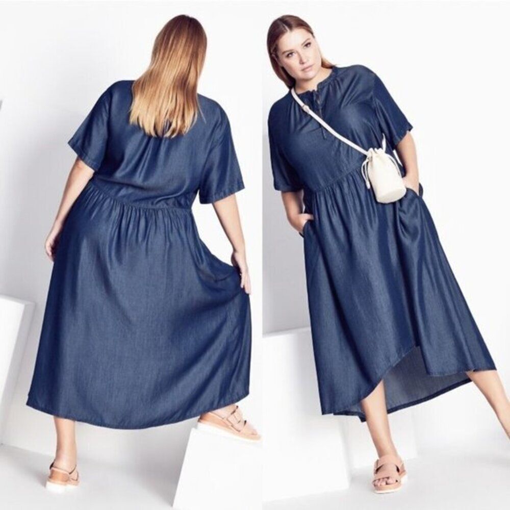 Rifinity Women's Plus Size  Hi-Lo Dark Denim Midi‎ Dress